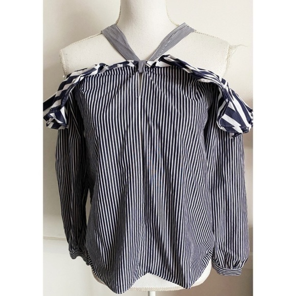 J. Crew • Navy Stripe Off Shoulder Ruffle Blouse - Picture 5 of 10